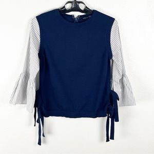 ENGLISH FACTORY Navy And White Striped Bell Sleeves Side Tie Top, Size Small
